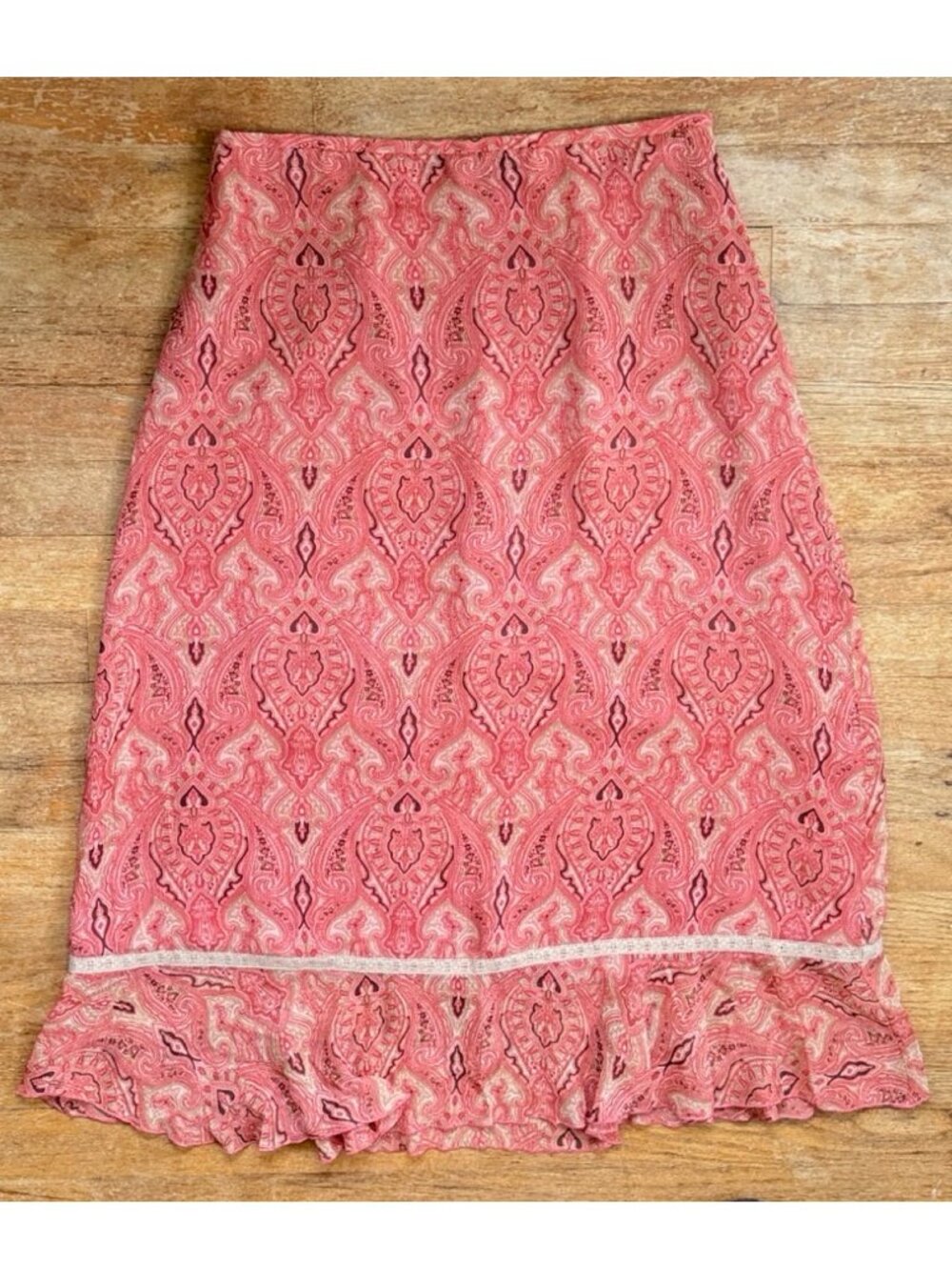 Vintage Pink Silk Paisley Damask Skirt Size Small 8 27" Waist Fairycore 90s Prep